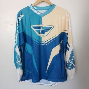 Fly Racing Men's Large Long Sleeve Riding Jersey Beige Blue Graphic Shirt Top